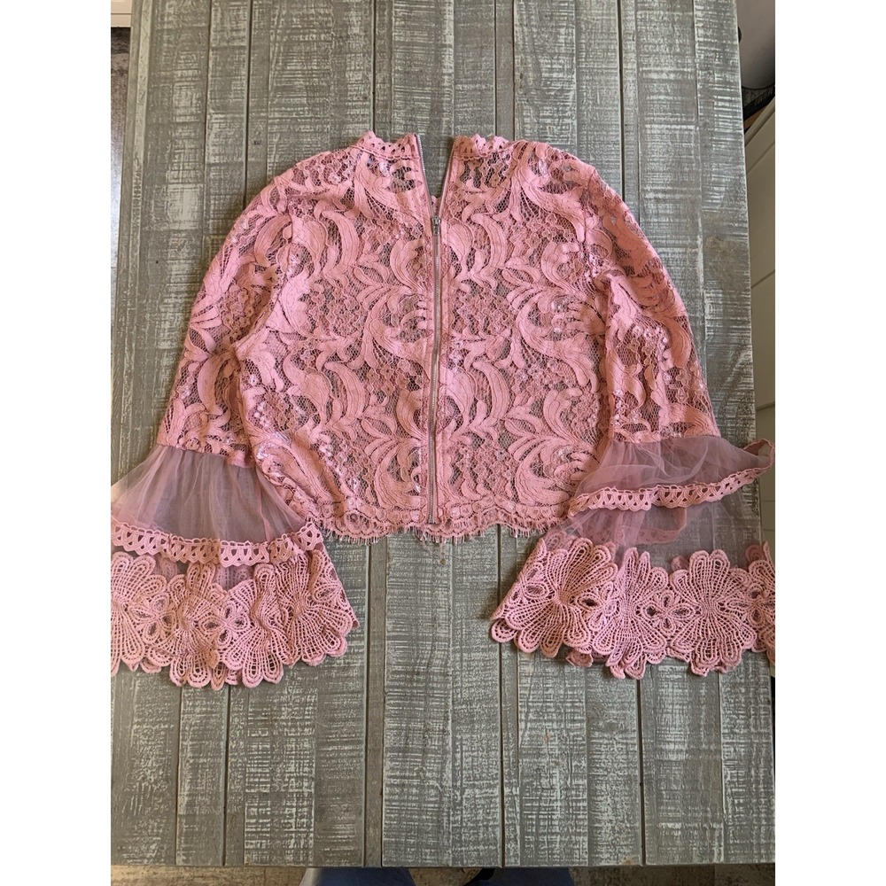 AKIRA Sheer Floral Embroidered Lace‎ Crop Top Jacket Pink Bell Sleeve Size Large